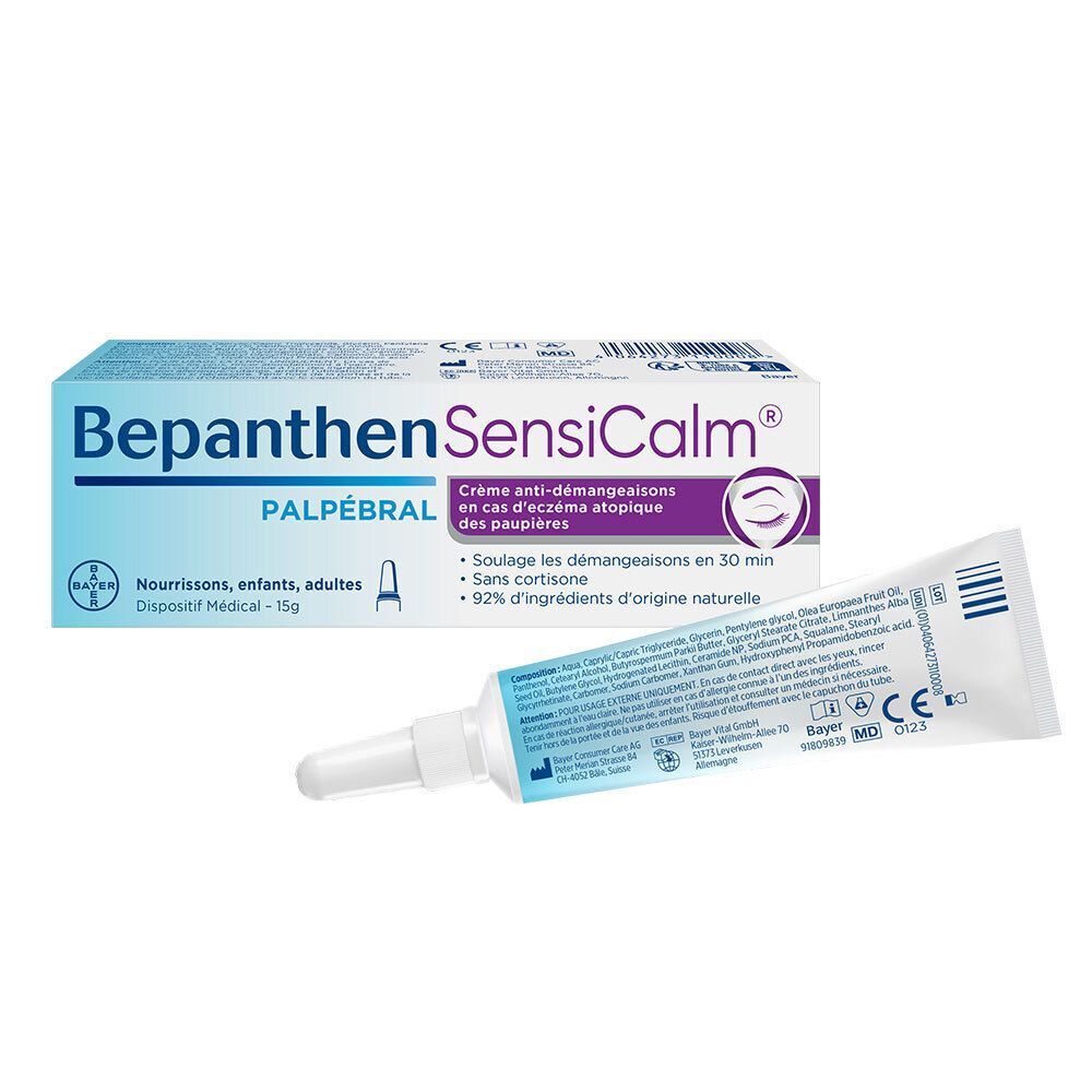 Un tube de Bepanthen SensiCalm Palpébral et une boîte. Inscription : Crème anti-démangeaisons en cas d'eczéma atopique des paupières. Dispositif médical.