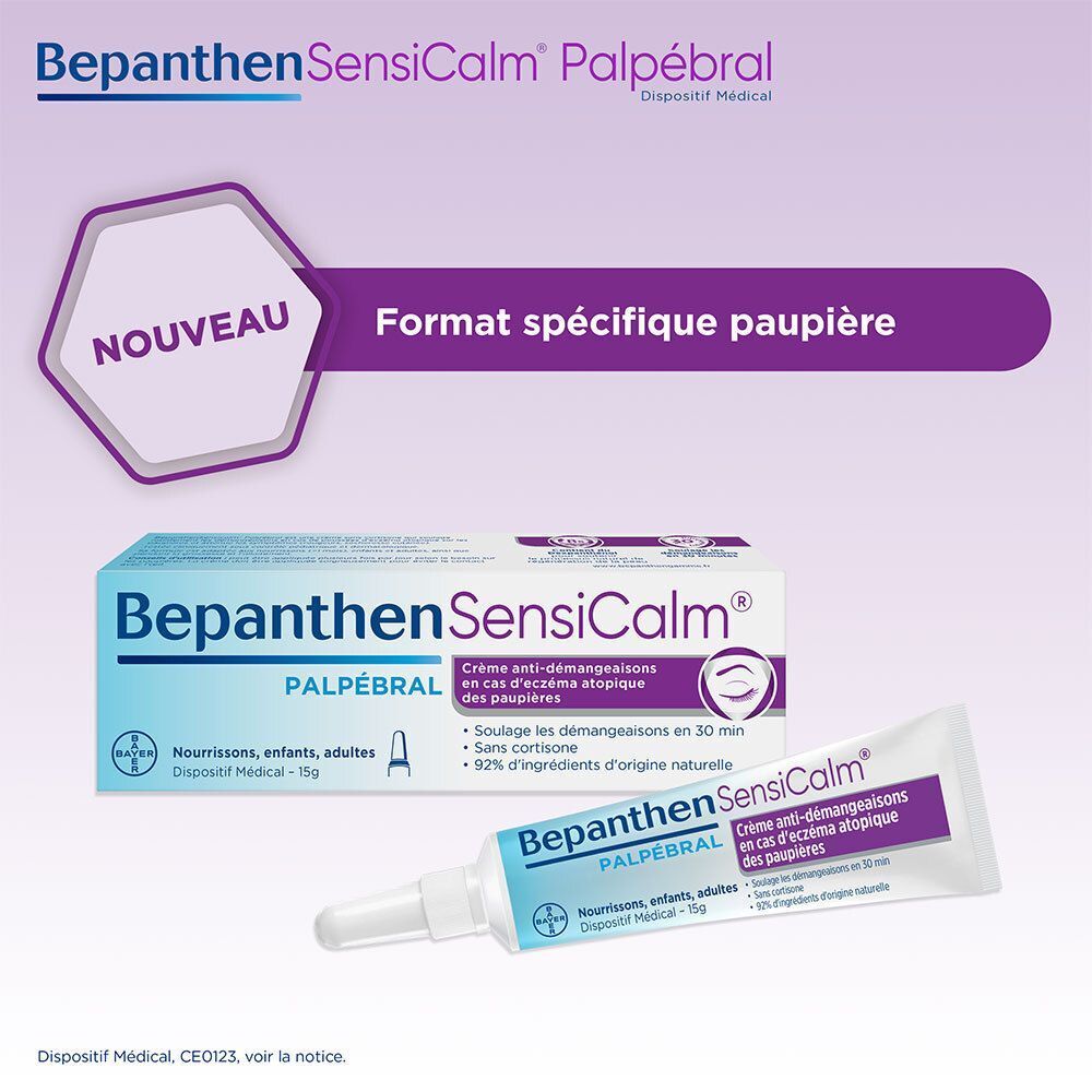Produit Bepanthen SensiCalm Palpébral et tube. Inscription : Crème anti-démangeaisons en cas d'eczéma atopique des paupières. Dispositif médical. Nouveau.
