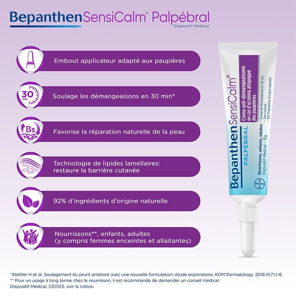Tube Bepanthen SensiCalm Palpébral. Inscription : Crème anti-démangeaisons en cas d'eczéma atopique des paupières. Dispositif médical. Caractéristiques.
