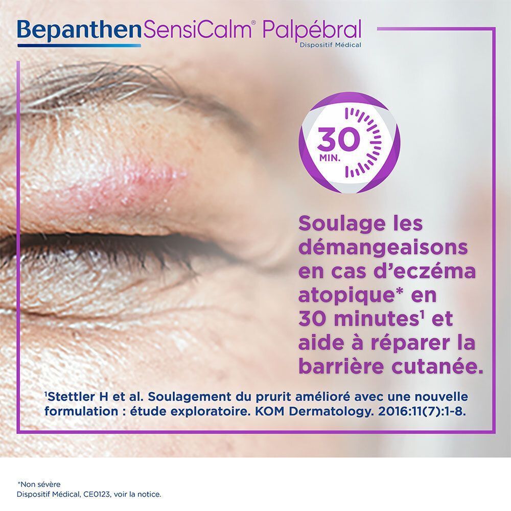 Gros plan sur un œil avec eczéma. Texte : Soulage les démangeaisons en 30 minutes. Bepanthen SensiCalm Palpébral.