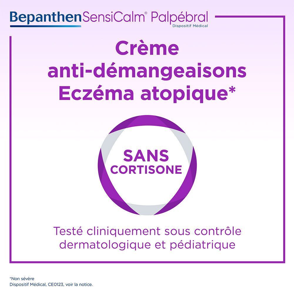Cercle avec texte : Sans cortisone. Texte : Testé cliniquement sous contrôle dermatologique et pédiatrique. Bepanthen SensiCalm Palpébral.