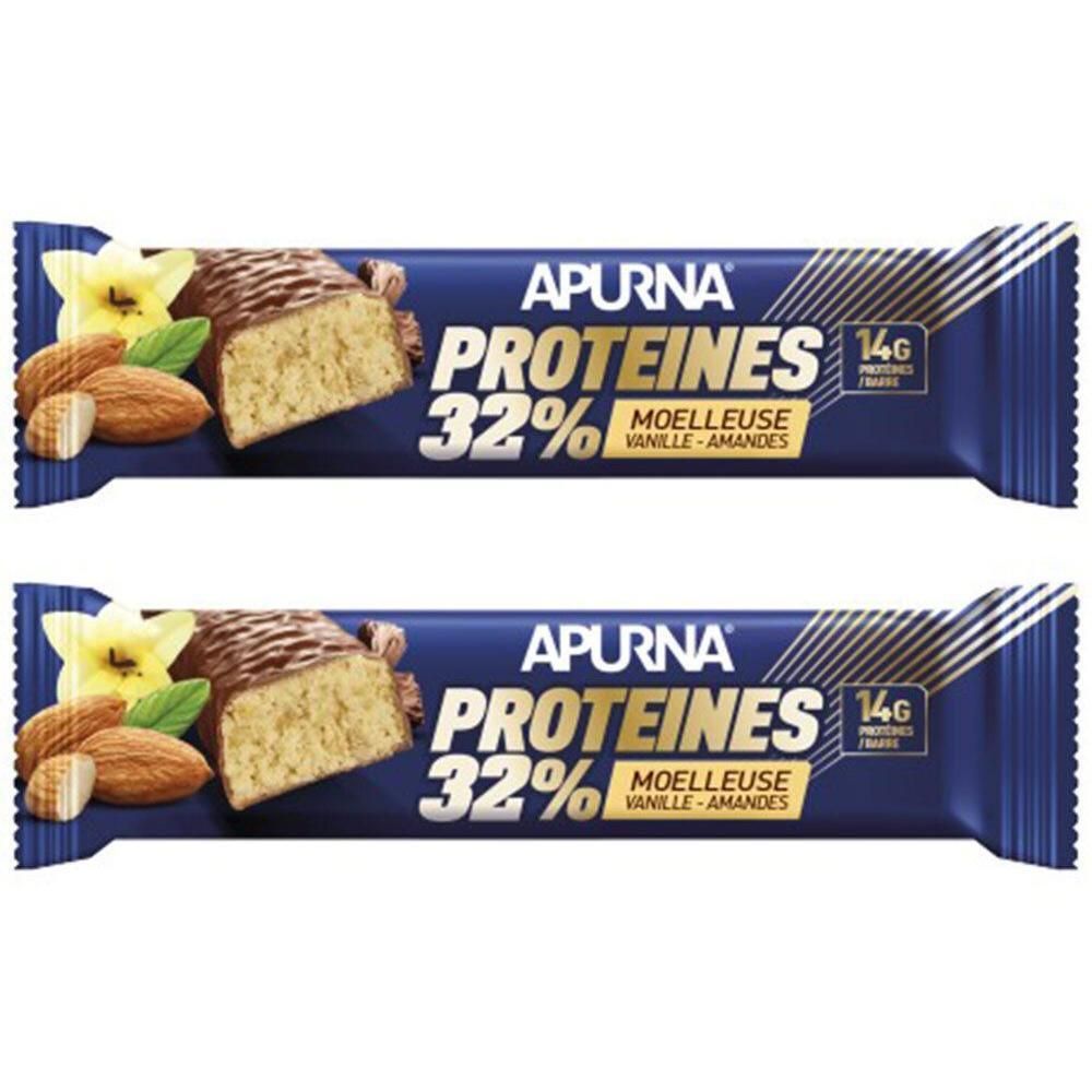Deux barres protéinées APURNA. Emballage bleu avec texte: PROTEINES 32% MOELLEUSE VANILLE-AMANDES. Illustration d'amandes et de vanille.