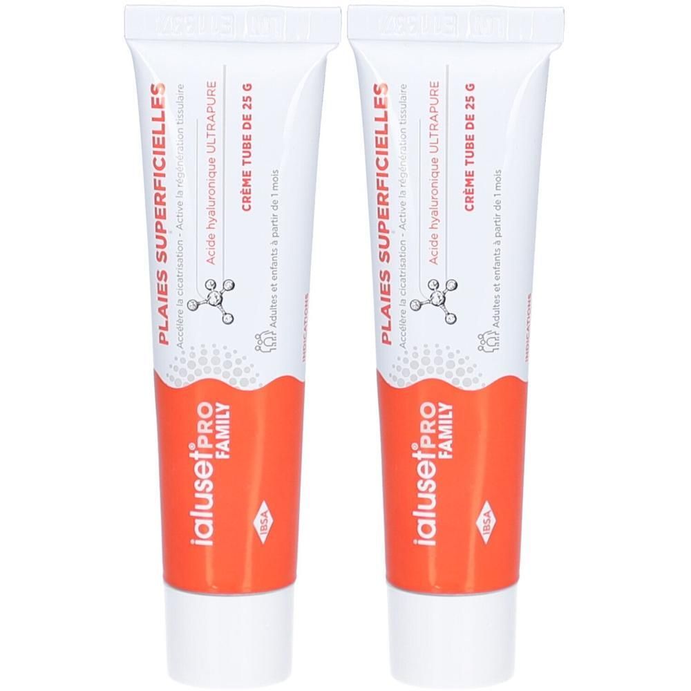Deux tubes de crème. Inscription: PLAIES SUPERFICIELLES, Acide hyaluronique ULTRAPURE, CRÈME TUBE DE 25 G. Marque: IalusetPRO FAMILY.
