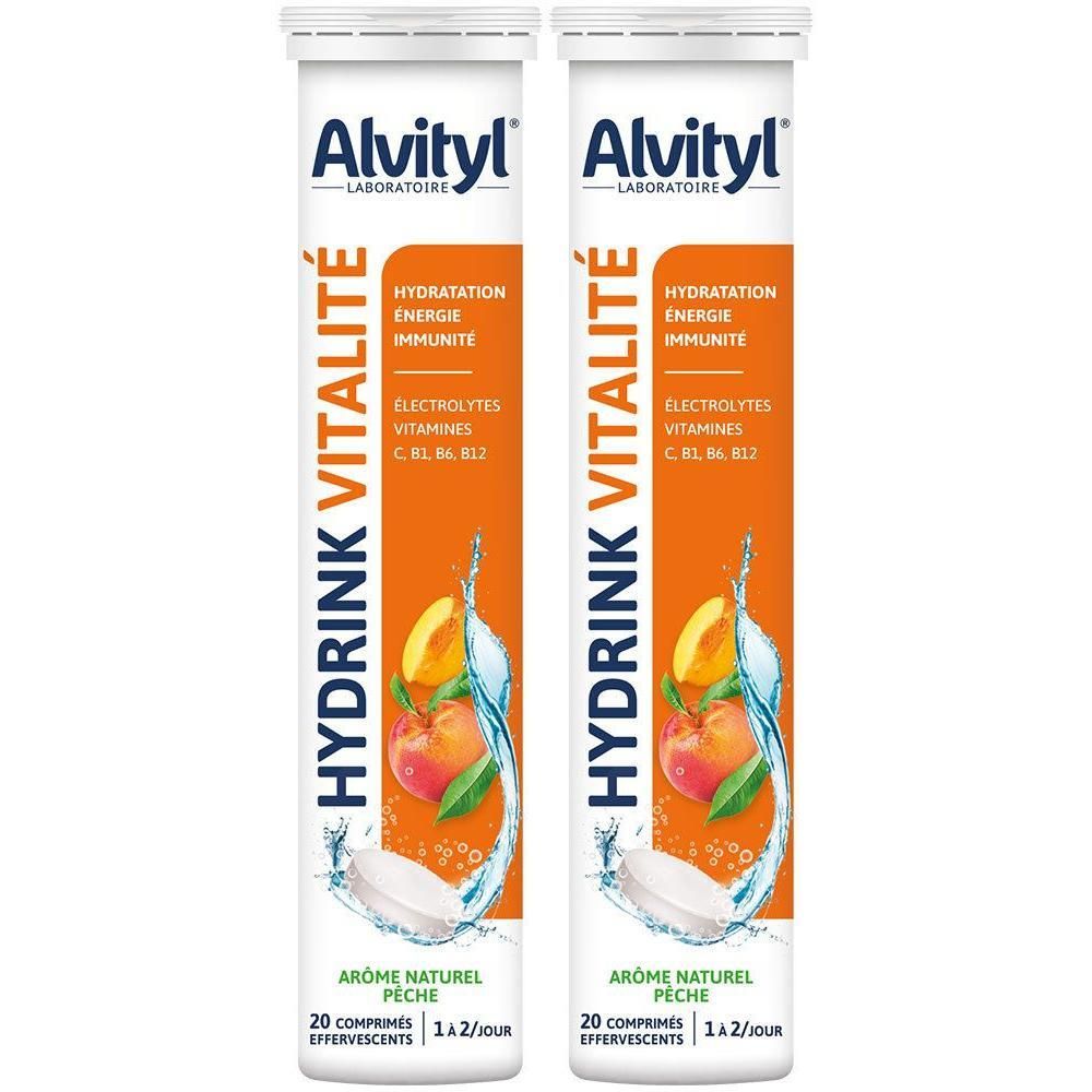 Deux tubes de Alvityl Hydrink Vitalité. Inscription : Hydratation, Energie, Immunité. Contient électrolytes et vitamines. Arôme pêche. 20 comprimés effervescents.