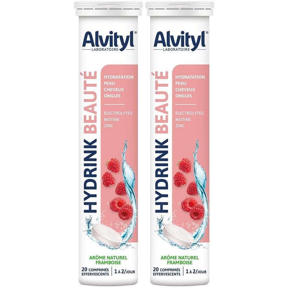 Deux tubes de Alvityl Hydrink Beauté. Inscription : Hydratation, peau, cheveux, ongles, électrolytes, biotine, zinc. 20 comprimés effervescents.