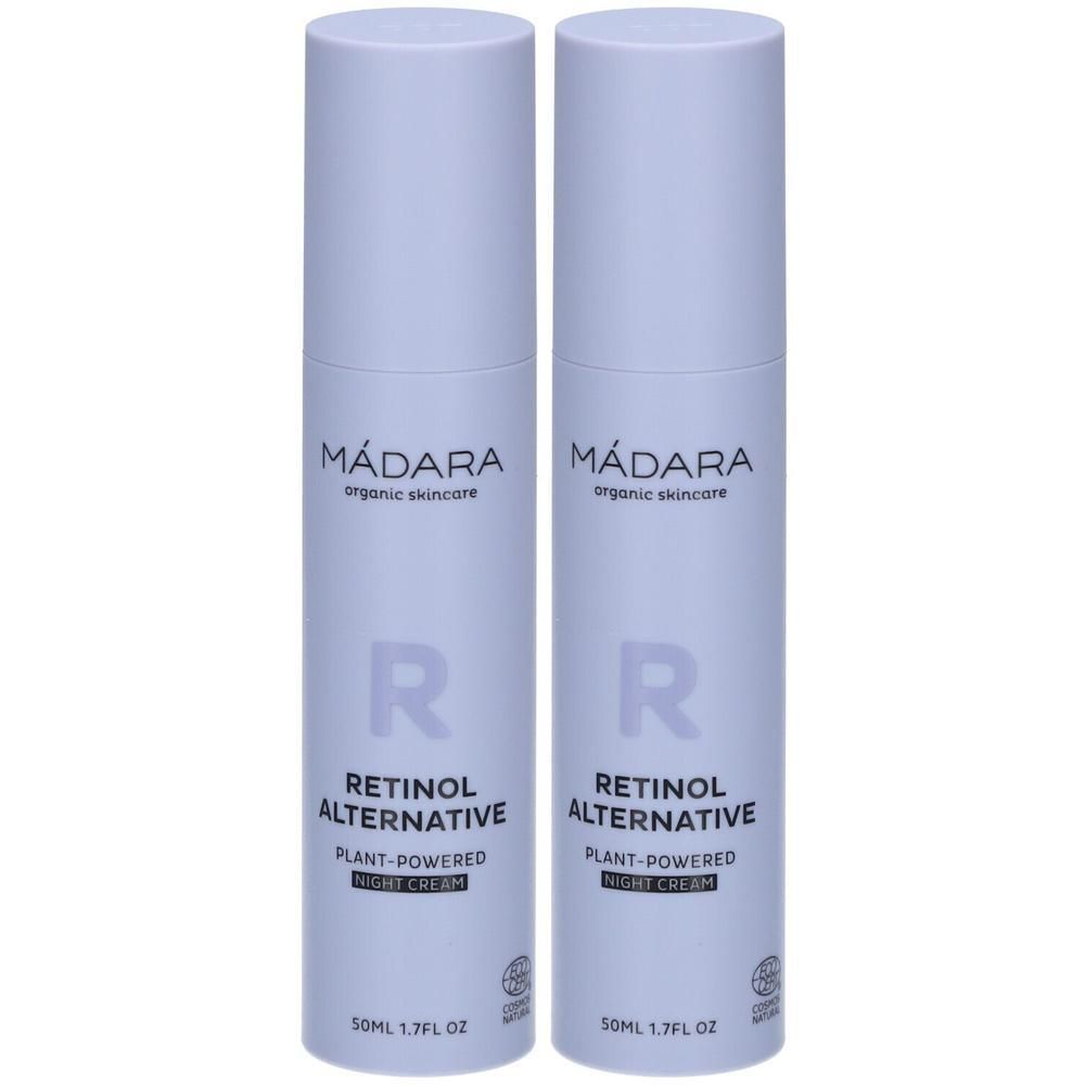 Deux flacons cylindriques. Inscription : MÁDARA, Retinol Alternative Night Cream. 50ml, 1.7FL OZ. Avec logo.