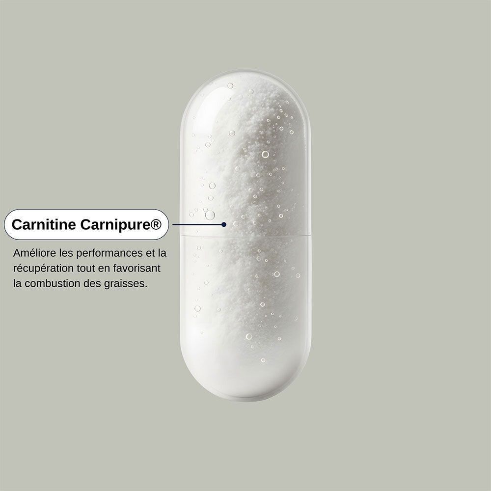 Gros plan sur une gélule. Gélule avec contenu blanc. Texte : Carnitine Carnipure®.