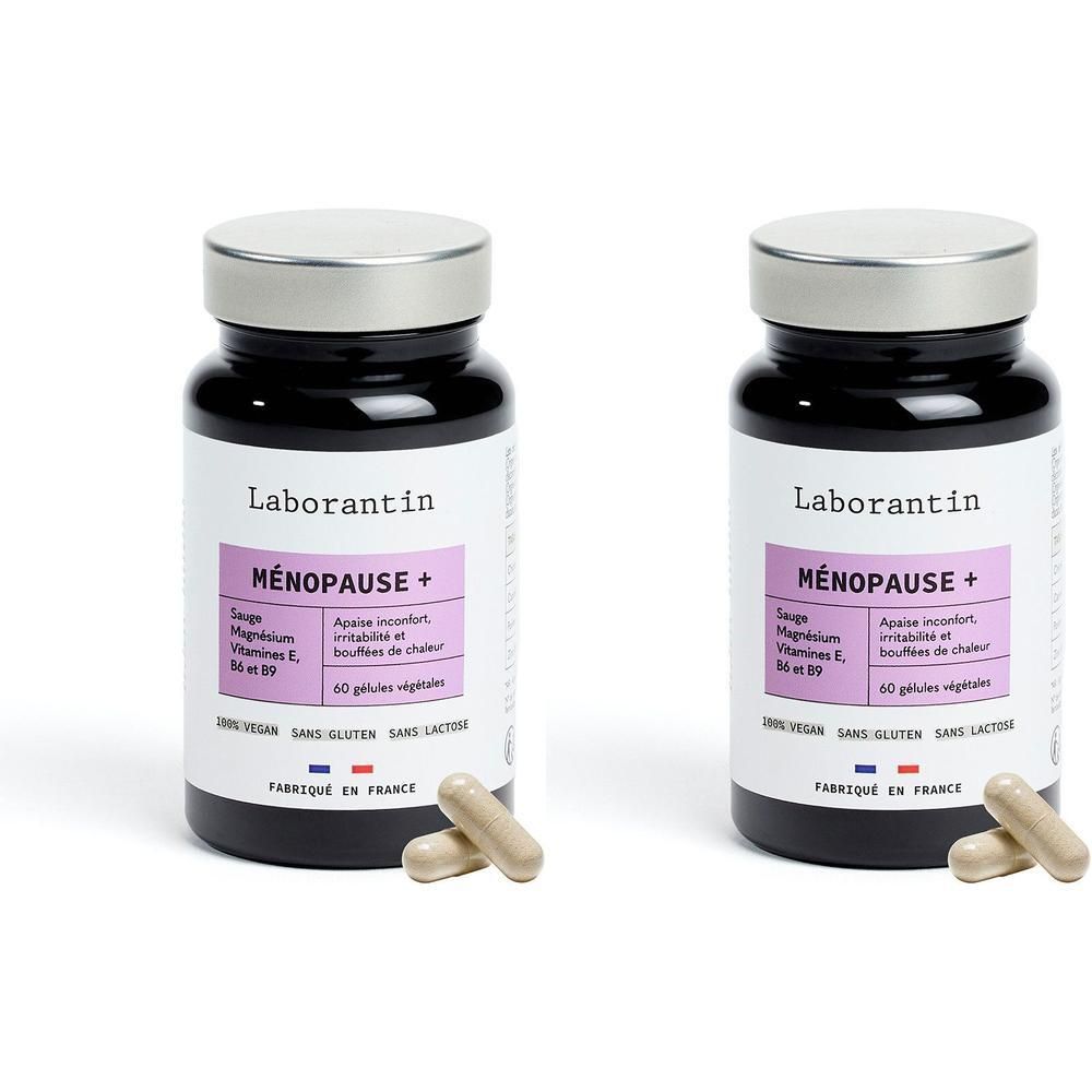 Deux flacons noirs avec couvercles argentés. Étiquettes avec "Laborantin Ménopause +" et informations. Quelques gélules à côté.