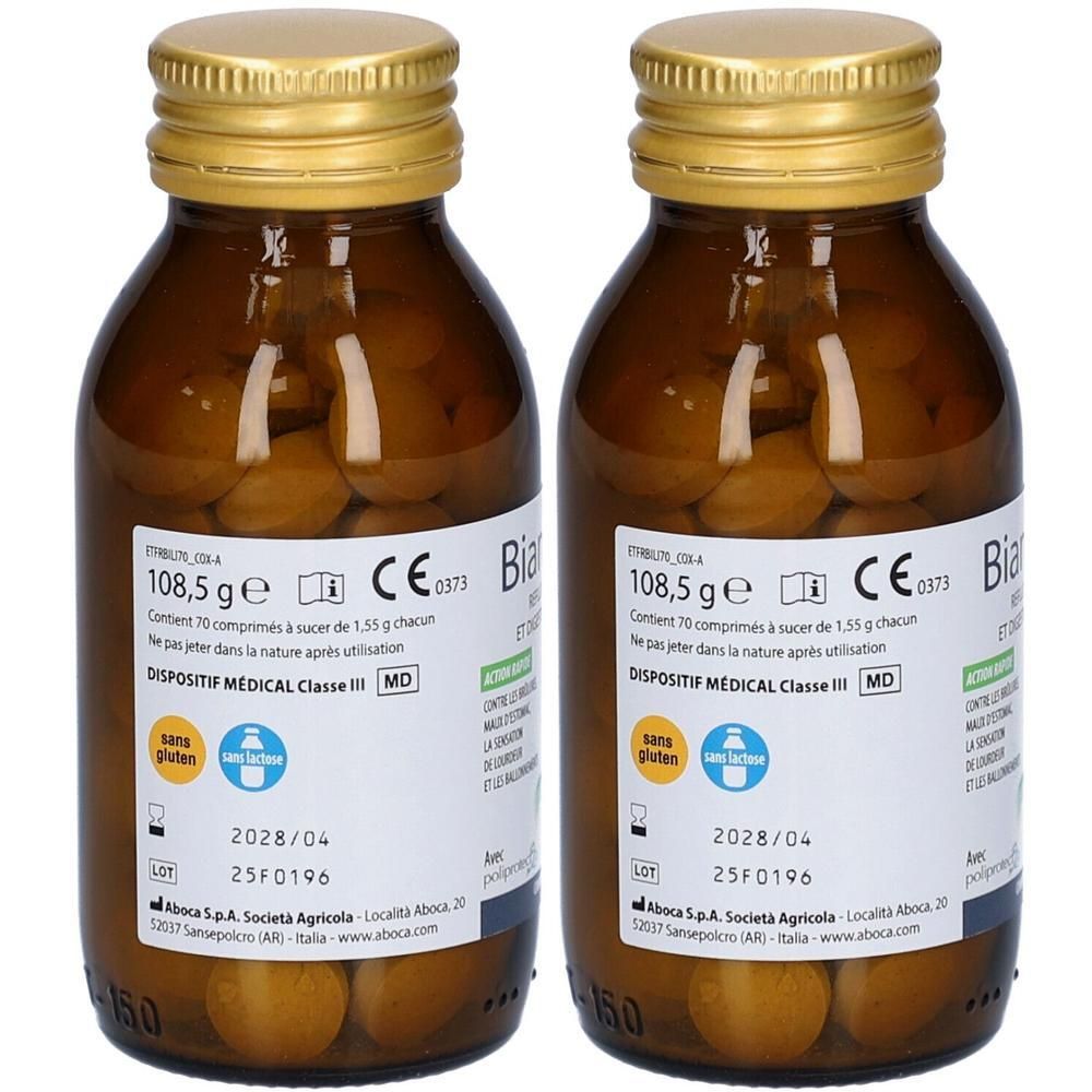 Deux flacons en verre brun avec des bouchons dorés. Des informations et le marquage CE sont visibles sur les étiquettes.