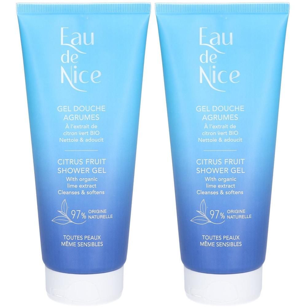 Deux tubes bleus de gel douche. Inscription: Eau de Nice, Gel Douche Agrumes, Citrus Fruit Shower Gel. 97% d'ingrédients naturels.