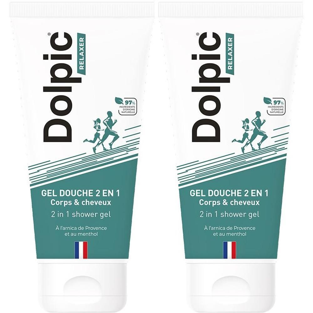 Deux tubes de gel douche. Blanc, avec des accents verts et bleus. Inscription : Dolpic Relaxer, Gel Douche 2 en 1. Drapeau français.
