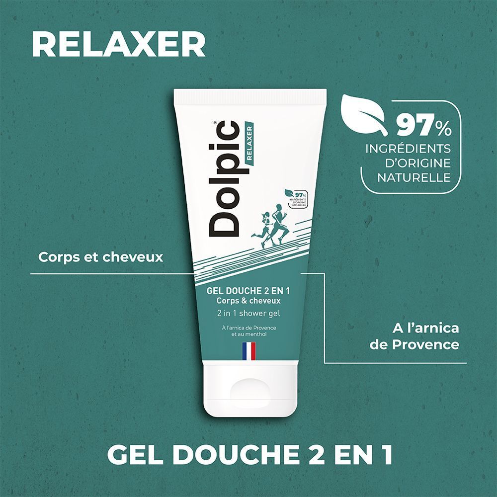 Un tube de gel douche. Blanc, avec des accents verts et bleus. Inscription : Dolpic Relaxer, Gel Douche 2 en 1. Drapeau français.