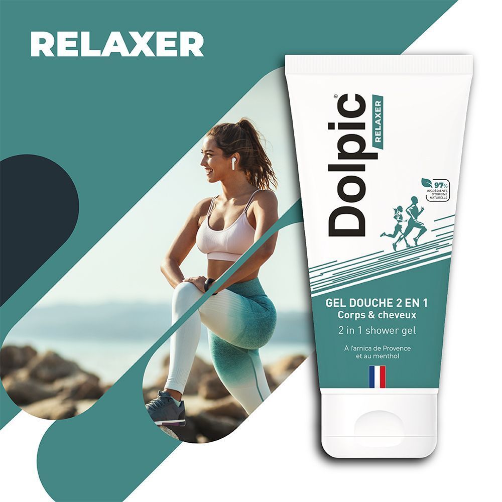 Une femme s'étire à côté d'un tube de gel douche. Blanc, avec des accents verts et bleus. Inscription : Dolpic Relaxer, Gel Douche 2 en 1.
