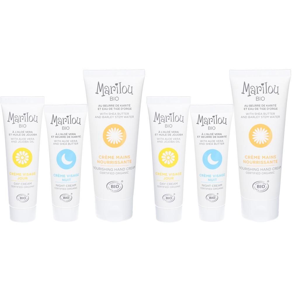 Plusieurs tubes de crème Marilou Bio. Certains avec soleil ou lune. Inscription : Crème Mains Nourrissante. Certifié Bio.