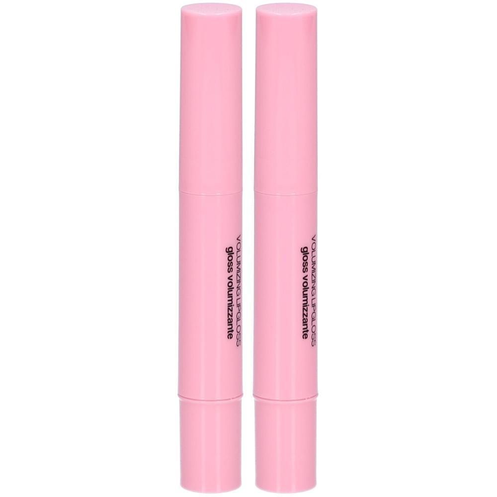 Deux gloss à lèvres roses. Inscription : gloss volumizzante. Forme cylindrique avec bouchon.