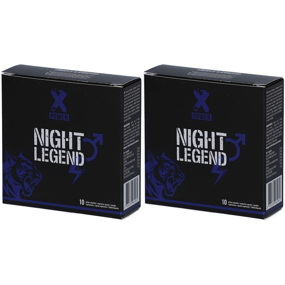 Deux boîtes noires avec l'inscription "NIGHT LEGEND". Chaque boîte présente un logo, un éclair et le chiffre 10.