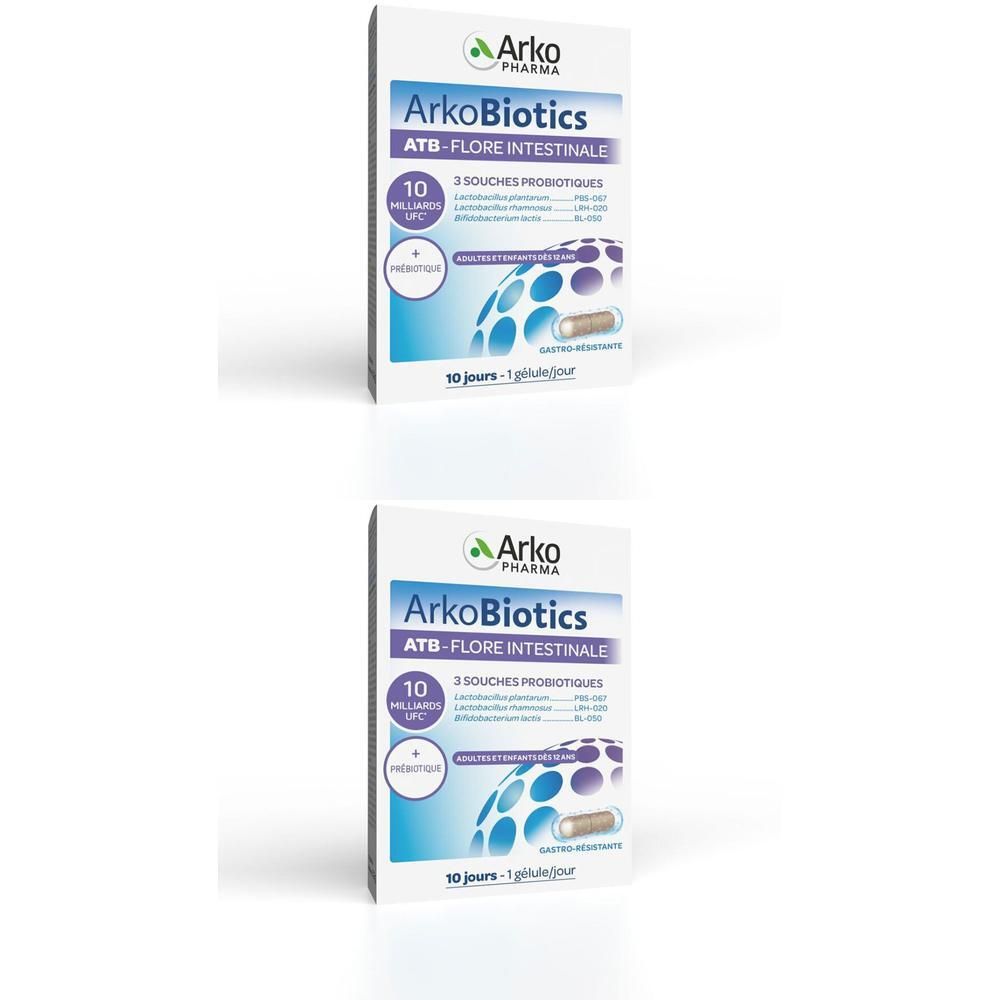Deux boîtes d'Arkobiotics ATB-Flore intestinale. Emballage blanc avec graphiques bleus et verts. Texte : 10 milliards d'UFC, 3 souches probiotiques.