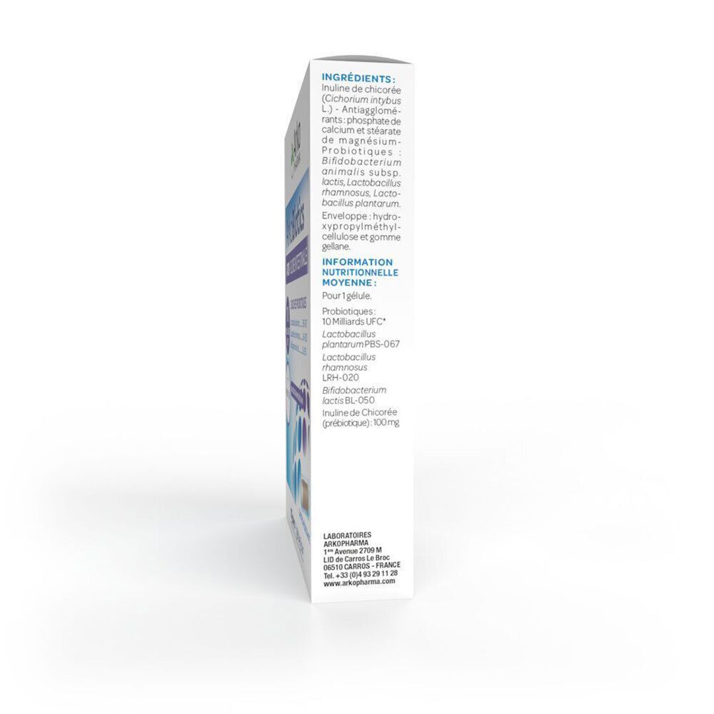 Vue latérale de la boîte. Contient la liste des ingrédients et les informations nutritionnelles. Texte : Arkopharma, ingrédients, informations nutritionnelles, 10 milliards d'UFC.