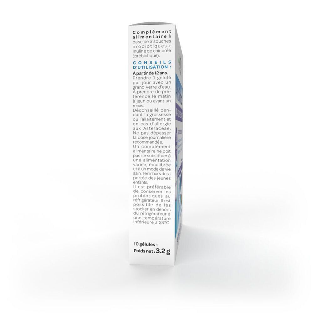 Vue latérale de la boîte. Contient les conseils d'utilisation. Texte : 10 gélules, poids net 3,2g, à partir de 12 ans, ne pas dépasser, hors de portée des enfants.