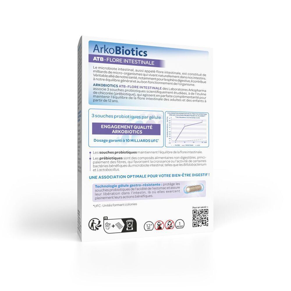 Dos de la boîte. Contient la description du produit et des informations. Texte : Arkobiotics, 3 souches probiotiques, 10 milliards d'UFC, technologie gastro-résistante.