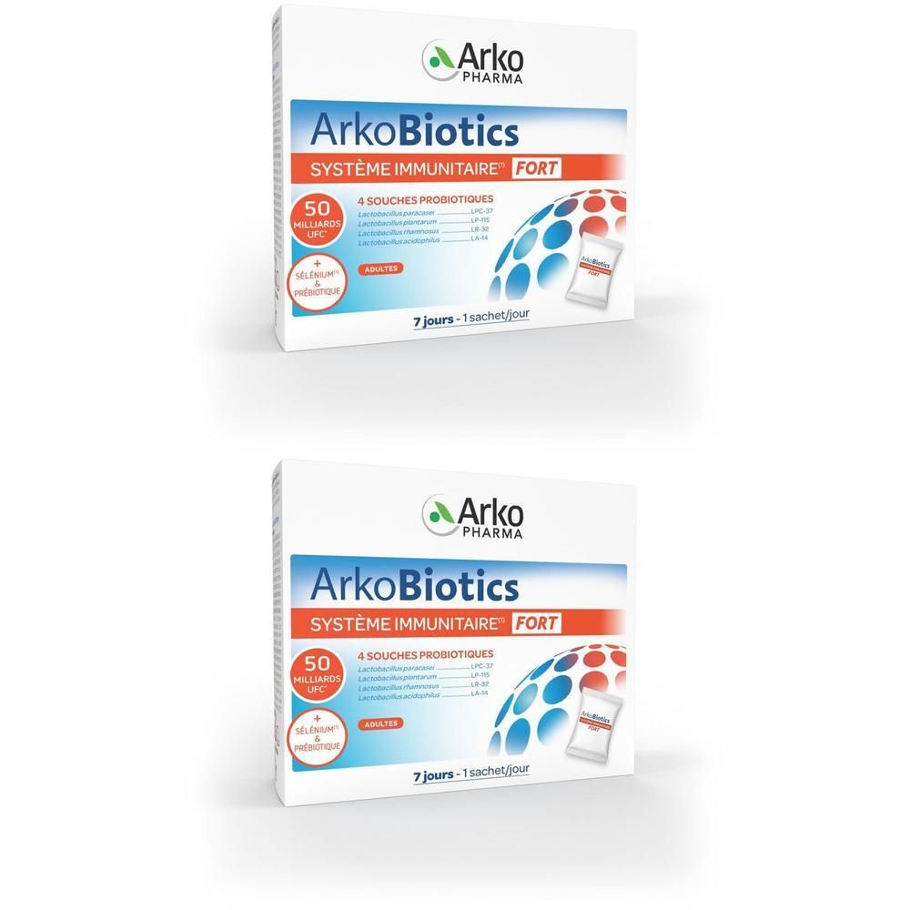 Deux boîtes Arkobiotics Système Immunitaire Fort. Blanches, graphiques bleus et verts. Texte: 50 milliards d'UFC, 4 souches probiotiques.