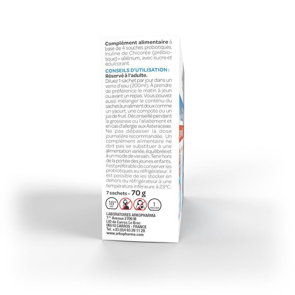 Vue latérale de l'emballage. Texte: Mode d'emploi, 7 sachets, 70g. Logo Arkopharma. Ingrédients et informations nutritionnelles.