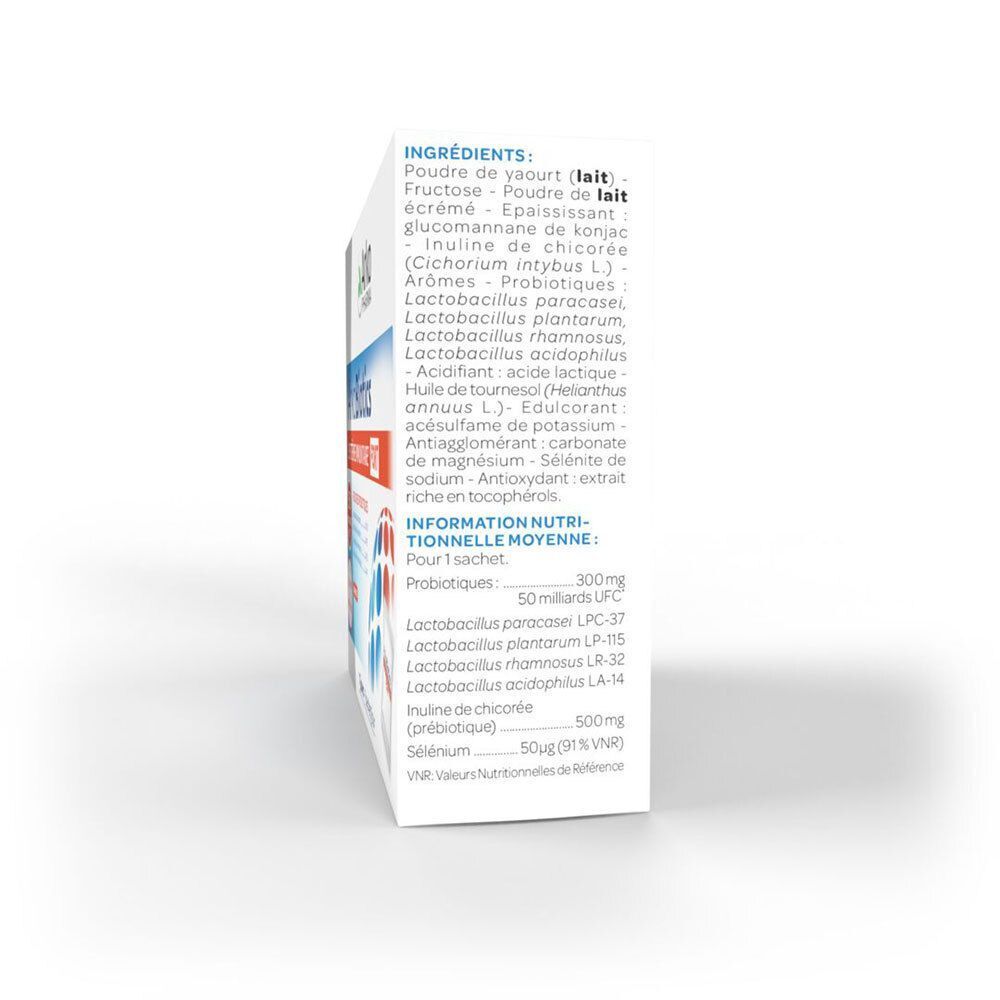Gros plan sur l'emballage. Texte: Ingrédients, informations nutritionnelles par sachet. Logo Arkopharma. Contient probiotiques, inuline, sélénium.