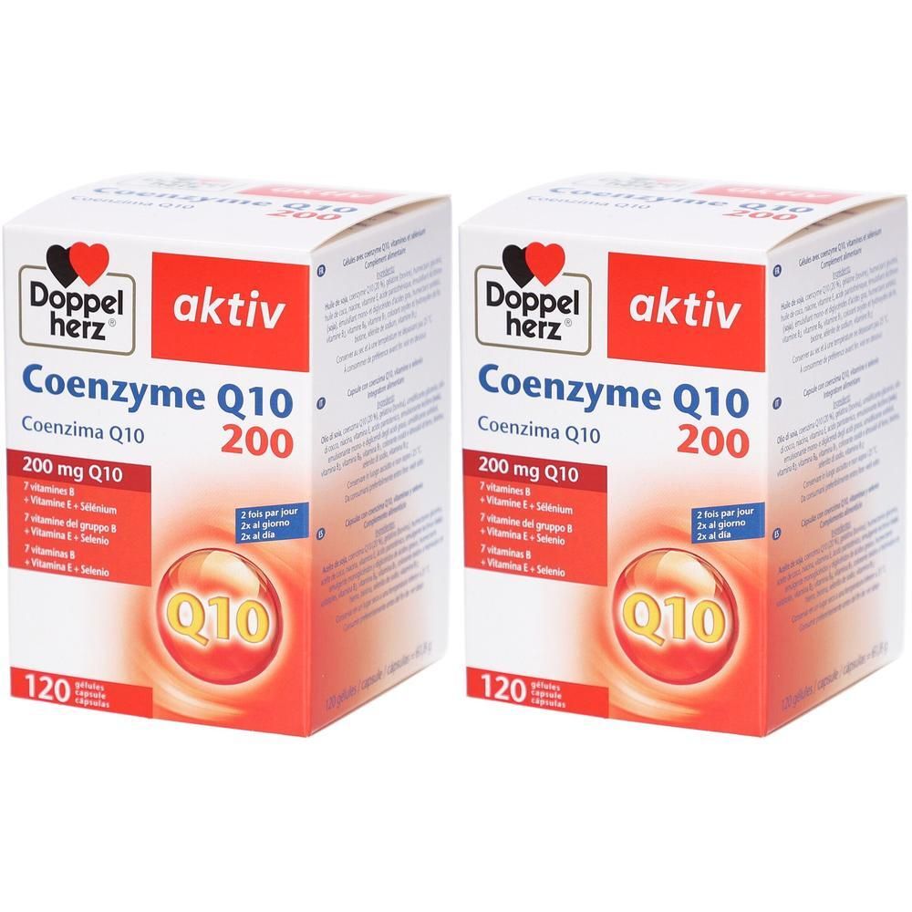 Deux boîtes rectangulaires de Doppelherz aktiv Coenzyme Q10 200. Inscription : 200 mg Q10, 120 capsules. Couleurs rouge et blanc.