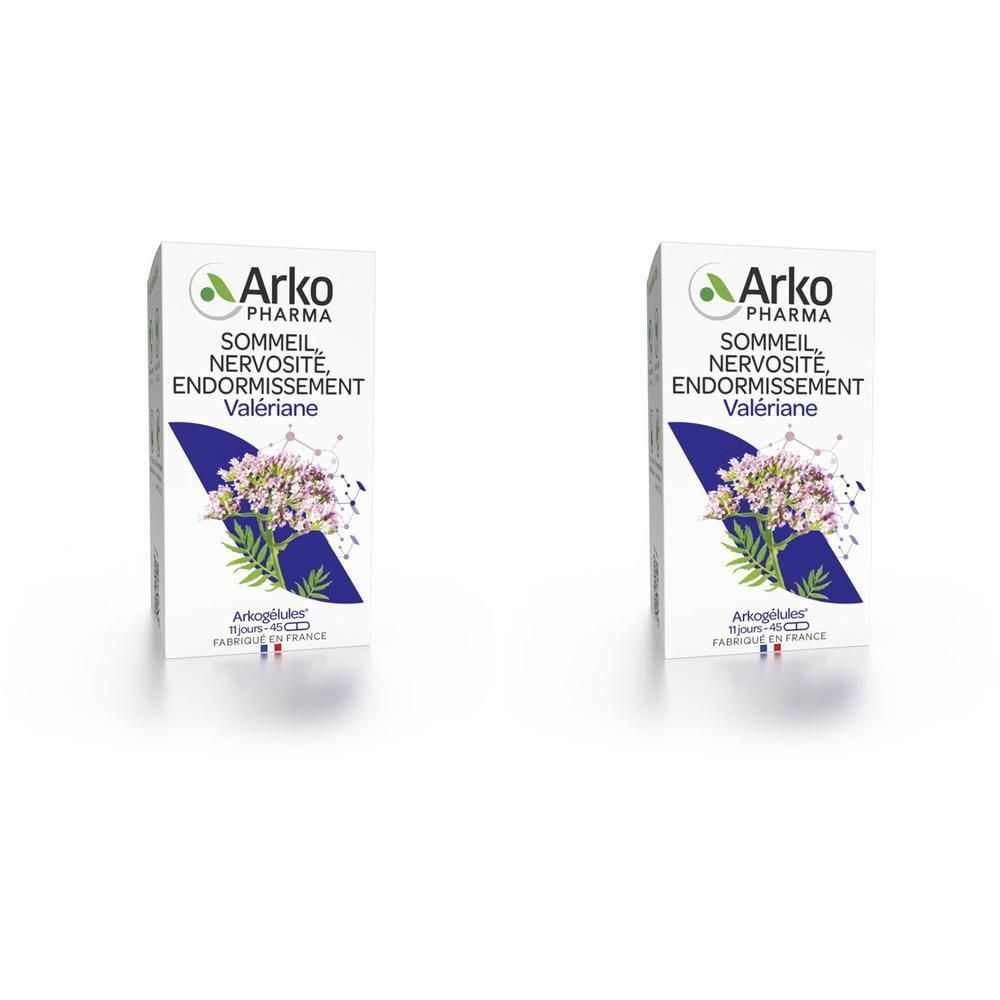 Deux boîtes blanches. Inscription: Arko Pharma, Valériane, Sommeil, Nervosité, Endormissement. Illustration d'une plante.