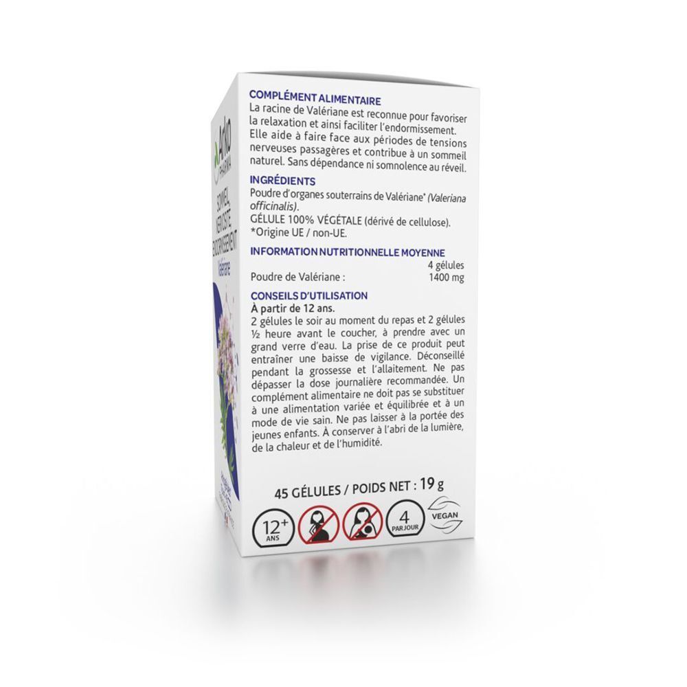 Dos d'une boîte blanche. Texte: Complément alimentaire, ingrédients, conseils d'utilisation. 45 gélules, 19g.