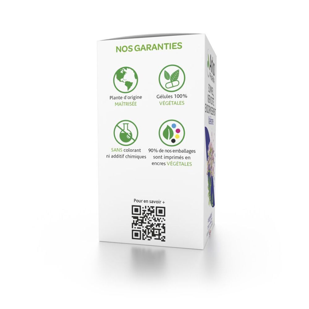 Boîte blanche avec logos verts. Logos: Plante, gélules 100% végétales, sans colorant, 90% emballages en encres végétales.