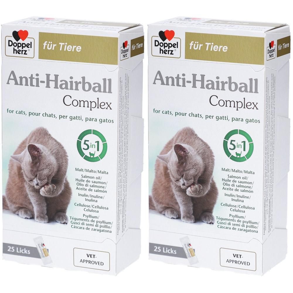 Deux boîtes de Doppelherz Anti-Hairball Complex pour chats. Inscriptions : 5en1, 25 Licks, VET APPROVED. Image d'un chat.
