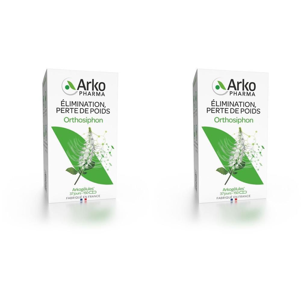 Deux boîtes Arko Pharma Arkogélules Orthosiphon. Boîtes blanches avec accents verts et nom du produit.