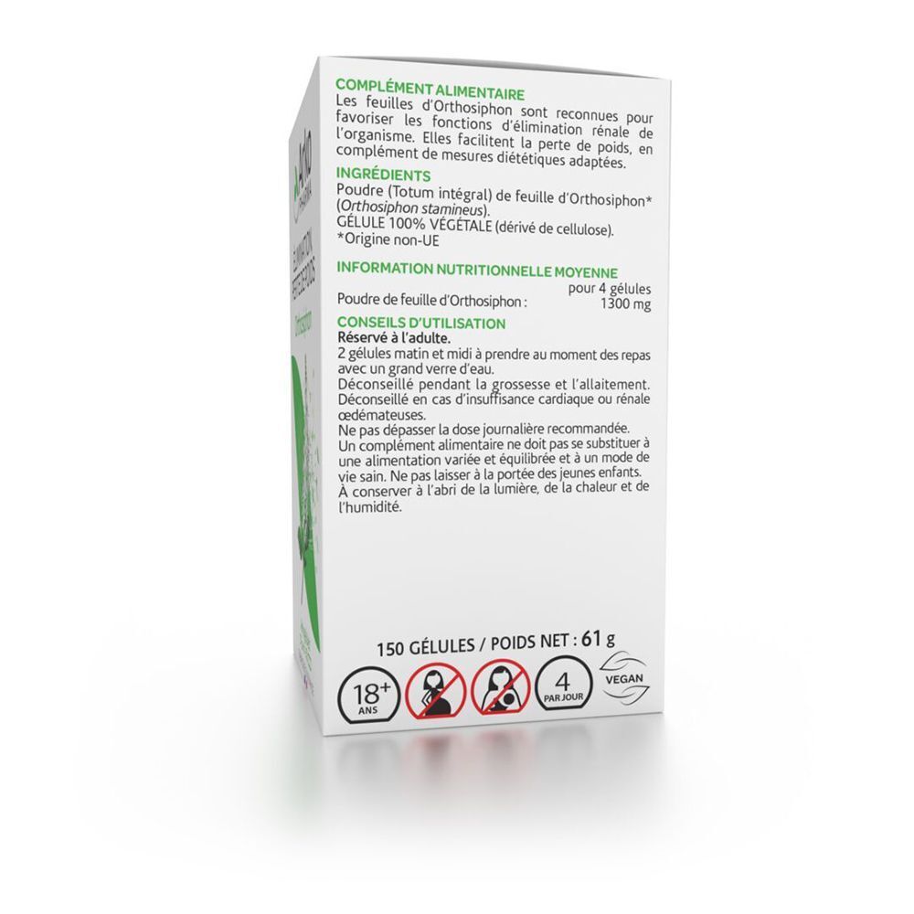 Dos de la boîte. Texte avec ingrédients, conseils d'utilisation et informations nutritionnelles. 150 gélules, 61g.
