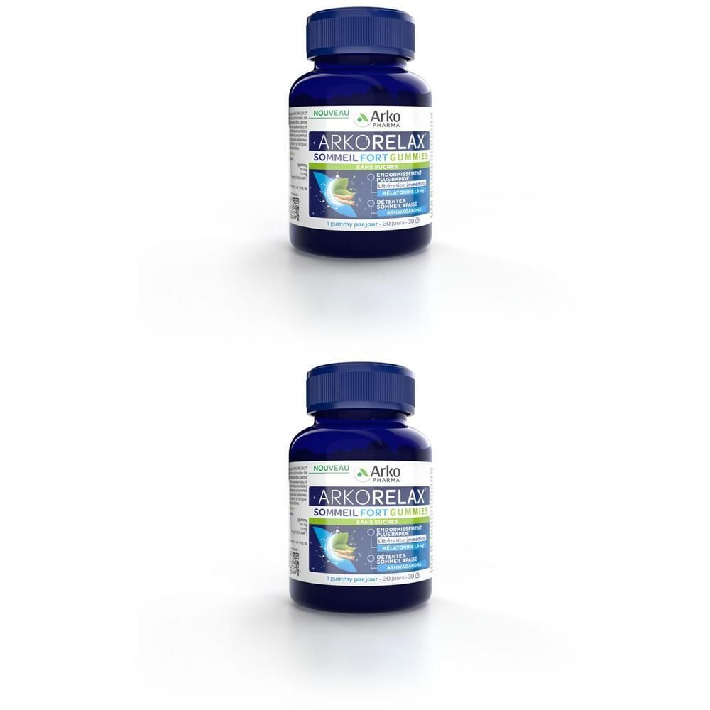 Deux flacons bleus avec étiquette blanche. Inscription: Arkorelax Sommeil Fort Gummies. Bouchons bleus. Sur fond clair.