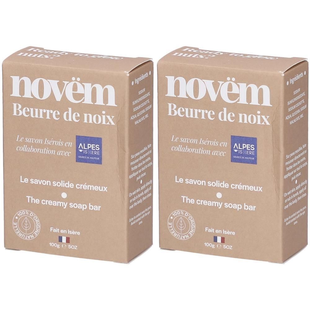 Deux boîtes rectangulaires en carton. Inscription : novëm, Beurre de noix, Le savon solide crémeux, The creamy soap bar. Avec logo et texte.