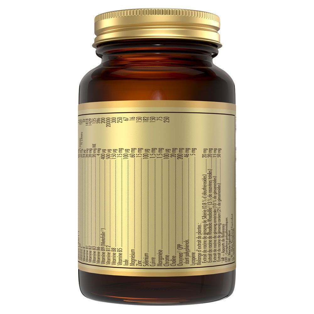 Flacon en verre brun avec couvercle doré. Dos avec informations nutritionnelles et ingrédients.