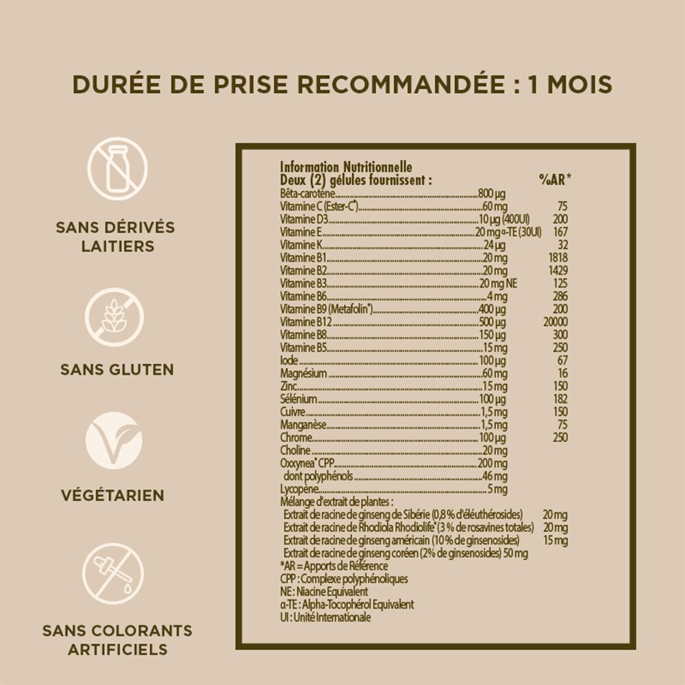 Tableau avec informations nutritionnelles. Contient des détails sur les vitamines, minéraux et extraits de plantes.