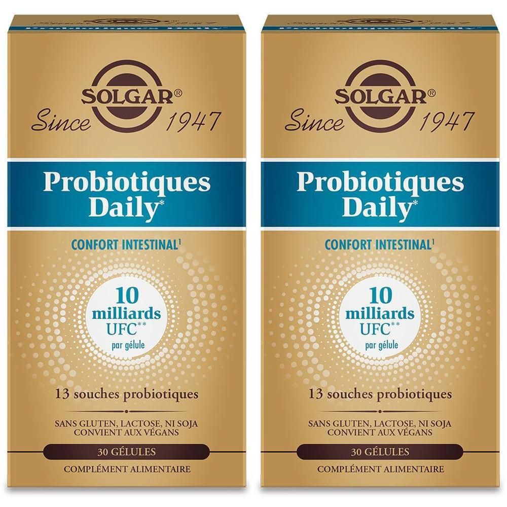 Deux boîtes de SOLGAR Probiotiques Daily. Boîtes dorées avec texte bleu. Contient 30 gélules. Sans gluten, lactose ni soja.