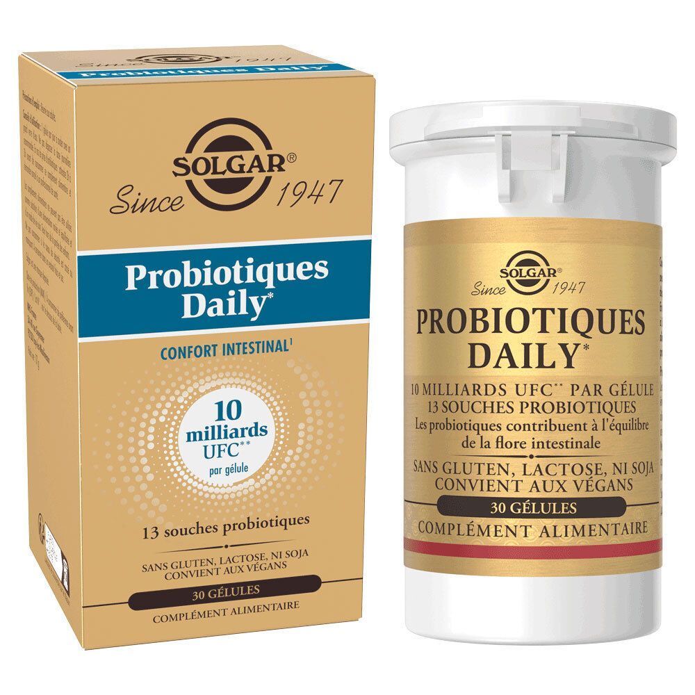 Boîte et flacon de SOLGAR Probiotiques Daily. Boîte et flacon dorés avec texte bleu. 30 gélules. Sans gluten, lactose ni soja.