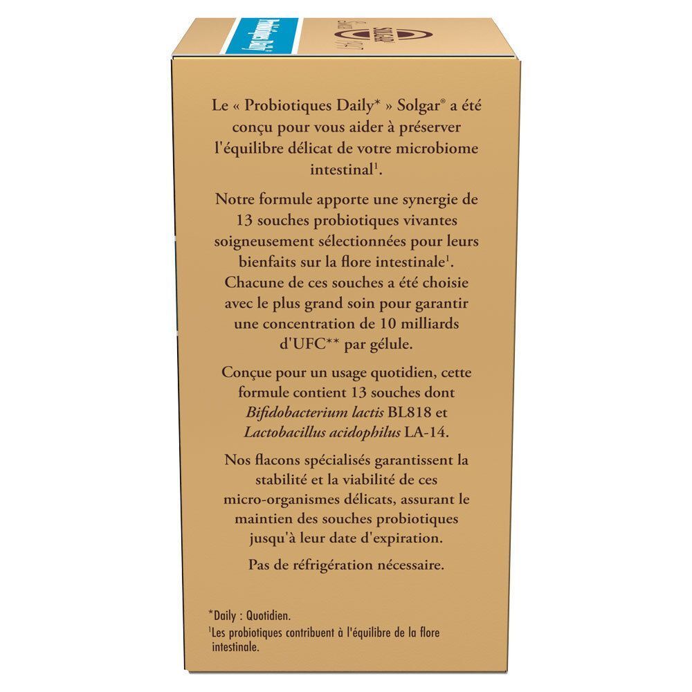 Côté de la boîte SOLGAR Probiotiques Daily. Texte sur l'utilisation et les avantages du produit. Doré avec texte blanc.