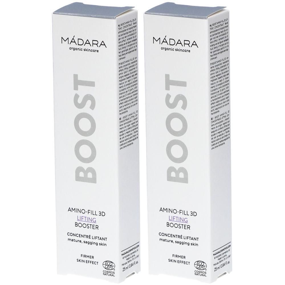 Deux boîtes blanches avec impression de produit. Inscription : MÁDARA BOOST AMINO-FILL 3D LIFTING BOOSTER. Avec certification COSMOS NATURAL.
