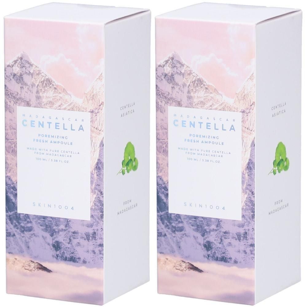 Deux boîtes rectangulaires. Inscription : CENTELLA, Poremizing Fresh Ampoule, Skin1004. Paysage de montagne en arrière-plan.