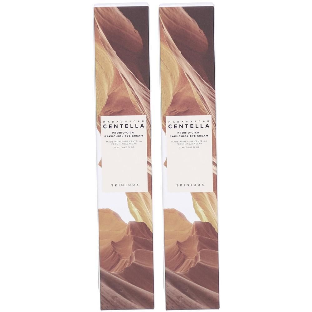Deux boîtes allongées. Inscription: MADAGASCAR CENTELLA Probio-Cica Bakuchiol Eye Cream. Marque Skin1004.