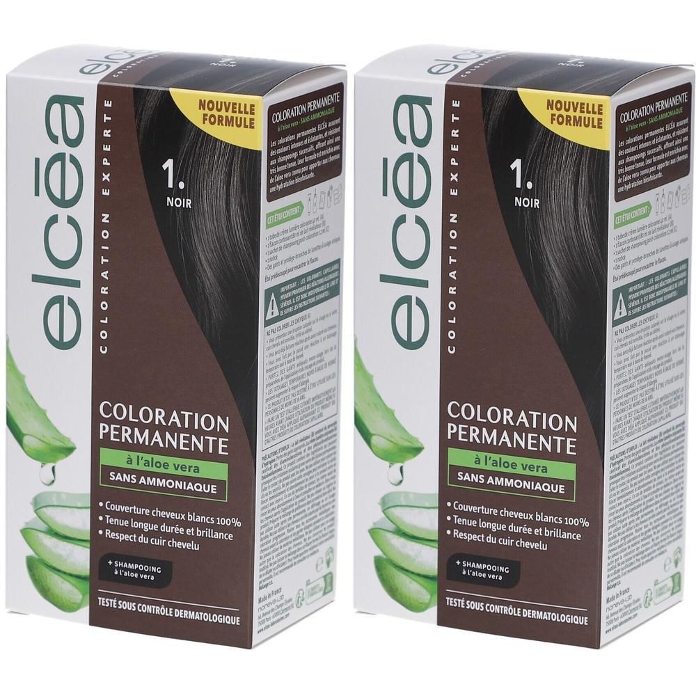 Deux boîtes de coloration capillaire. Inscription: Elcea Coloration Experte, 1. Noir, coloration permanente à l'aloe vera, sans ammoniaque.