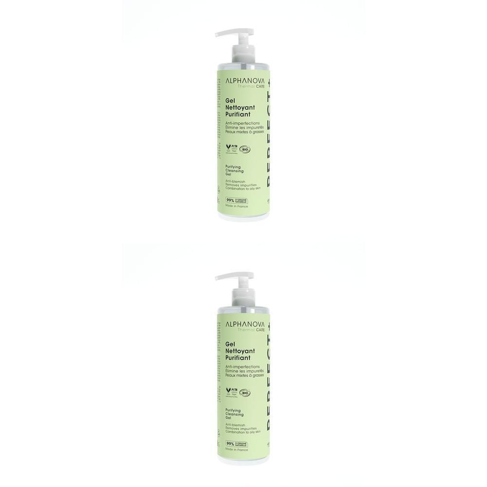 Deux flacons verts avec pompe. Inscription: ALPHANOVA, Gel Nettoyant Purifiant. Certification biologique.