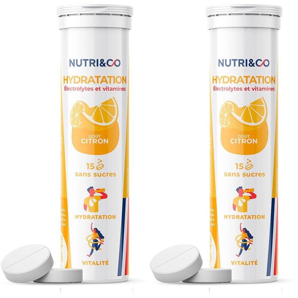 Deux tubes NUTRI&CO Hydratation, goût citron. Comprimés à côté. Inscription : Hydratation, Électrolytes et vitamines, sans sucres.