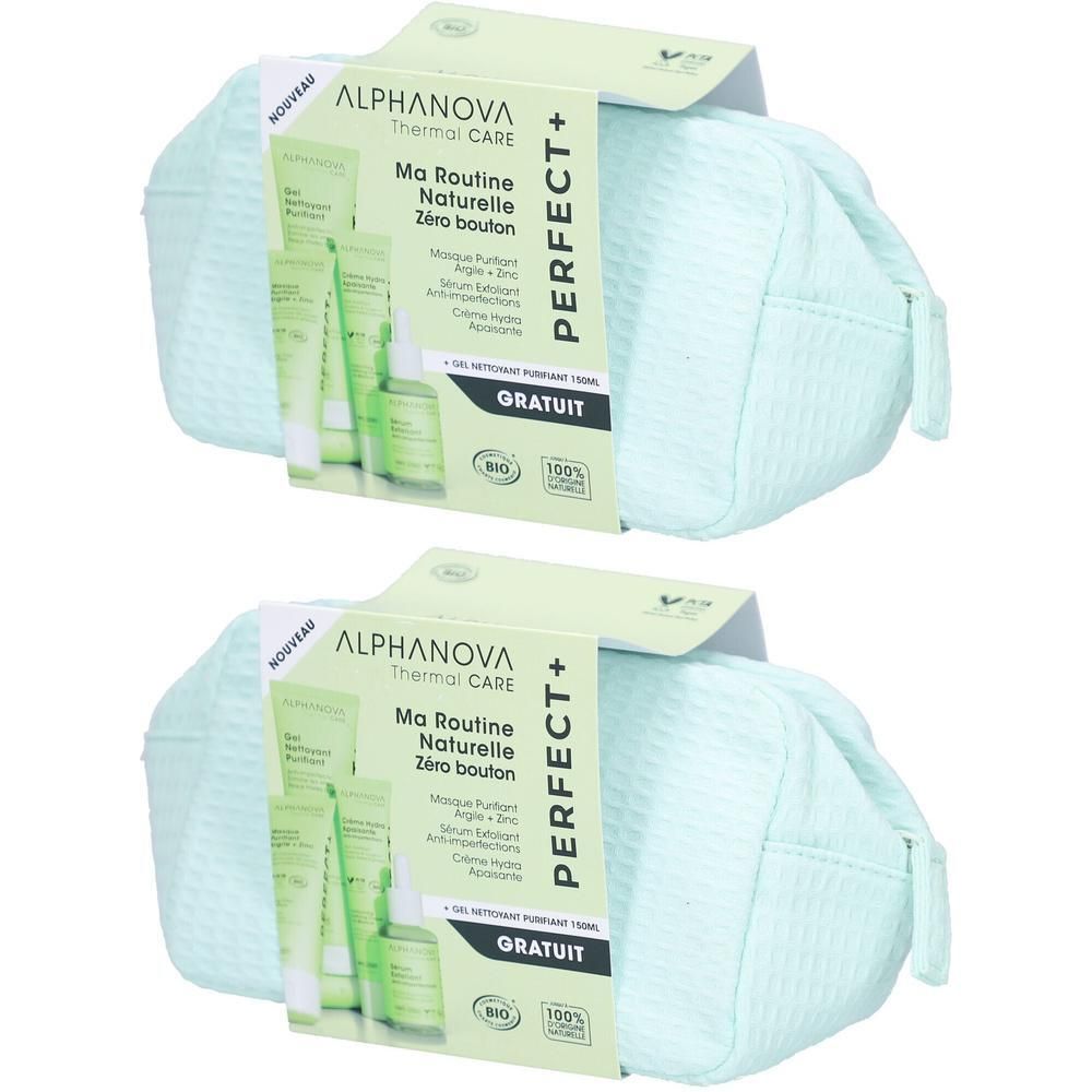 Deux trousses de toilette turquoise avec emballage. Inscription : ALPHANOVA PERFECT+ Ma Routine Naturelle Zéro bouton.