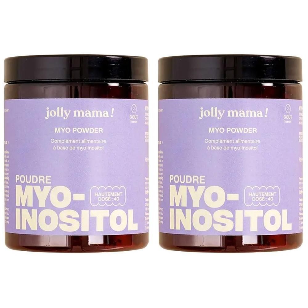 Deux pots avec étiquettes violettes. Inscription: Jolly Mama, MYO POWDER, MYO-INOSITOL. Couvercles noirs. Récipients bruns.