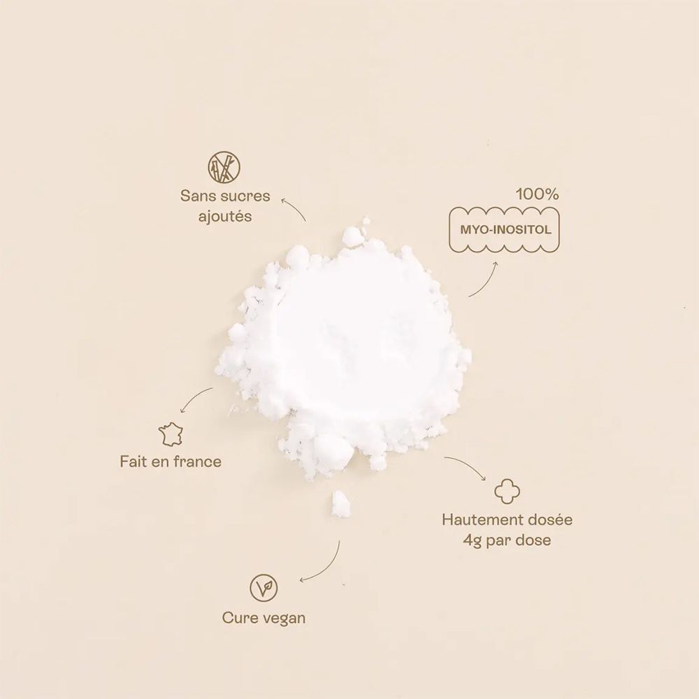 Poudre blanche avec symboles et texte. Symboles: sans sucres ajoutés, vegan, fabriqué en France. Texte: MYO-INOSITOL, 4g par dose.